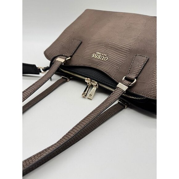 GUESS Lyndi Girlfriend croc embossed large satchel - Brown/Black - Picture 12 of 16